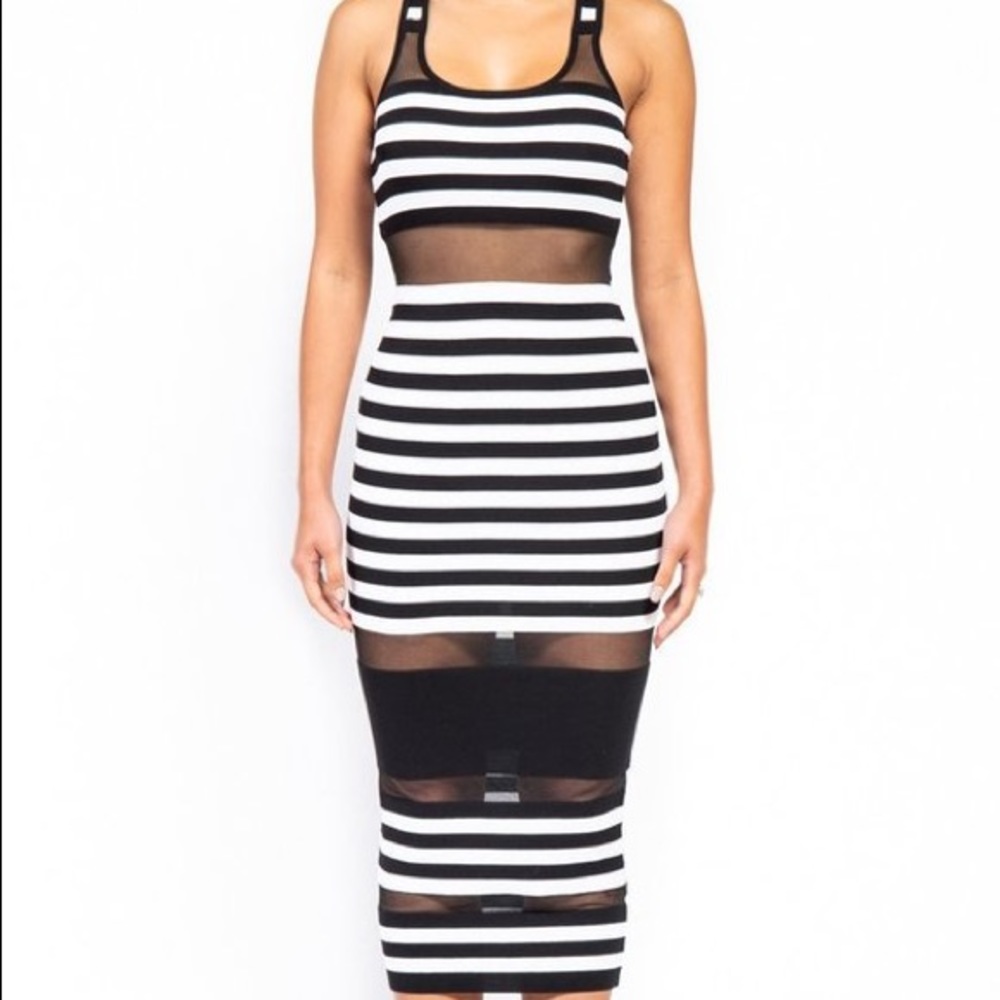Black and white striped midi dress with mesh panels vacation